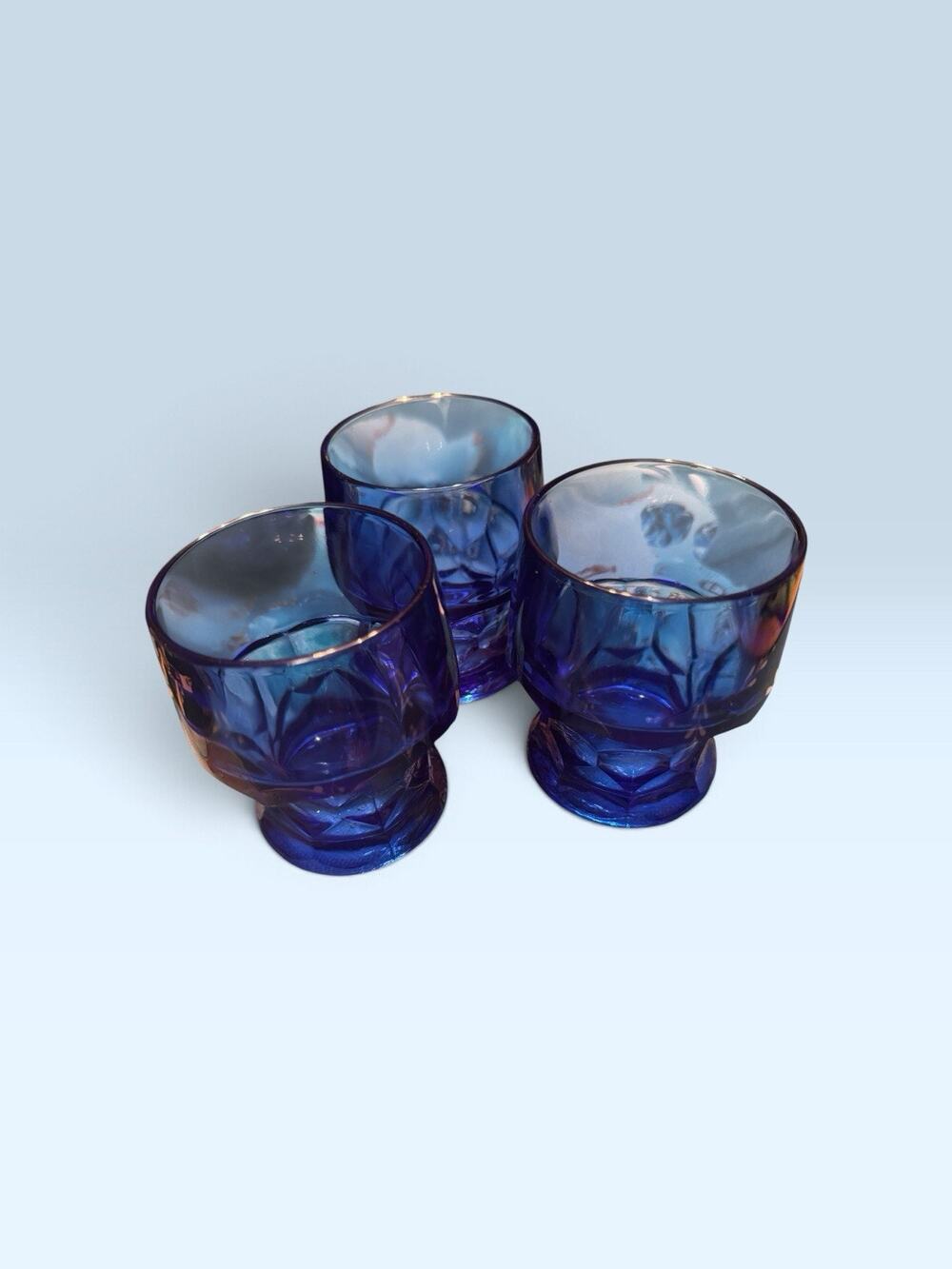 Vintage Viking Glass Bluenique Georgian Honeycomb Tumbler Glasses 4”H Set (3)
